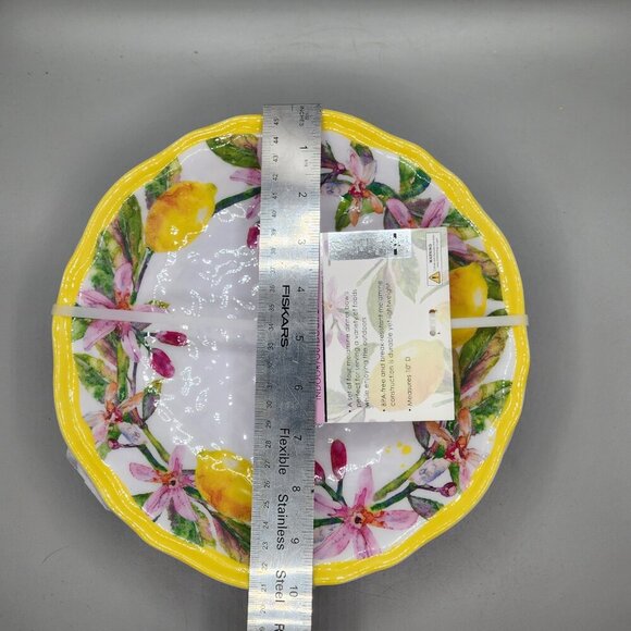 TAHARI 4 pc Melamine 10in Dinner Bowl Set Scalloped  Tropical Lemon Floral NEW - Picture 5 of 5